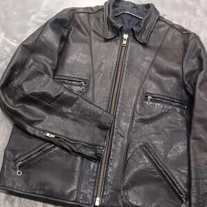 Leather Motorcycle Black Biker Moto Jacket Coat Chain Pull Vintage 80s Large